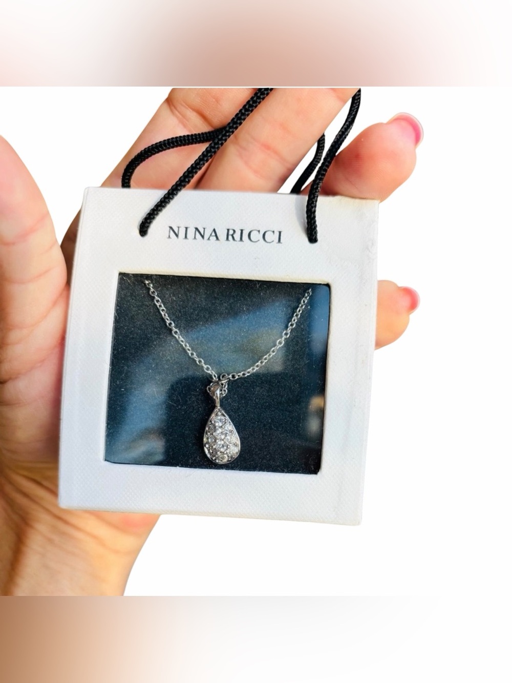 Nina Ricci Silver Pavé Teardrop Pendant Necklace - Picture 3 of 3